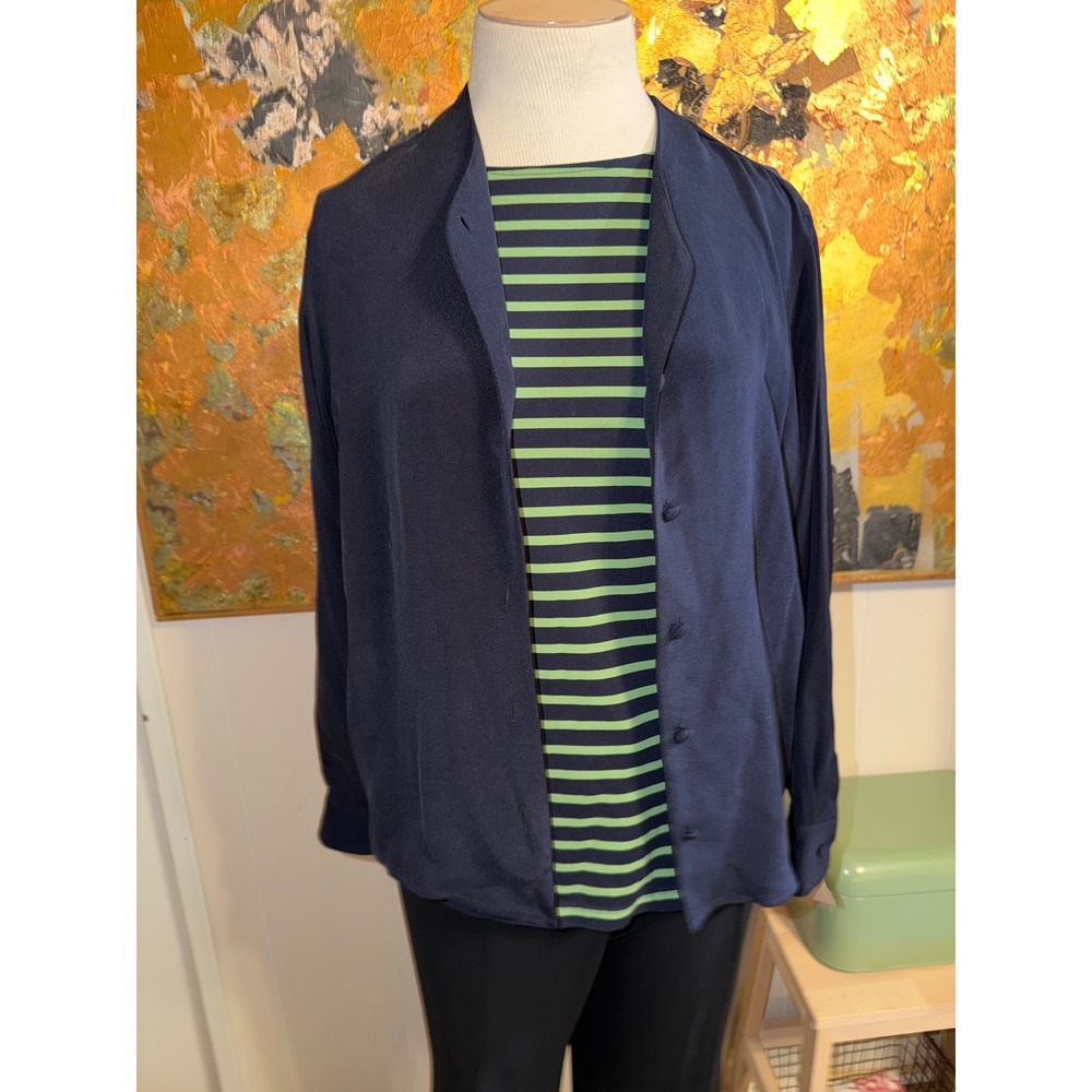 Studio 121 Nordstrom Navy Blue 100% Silk Button Front Blouse Size 12 NWT